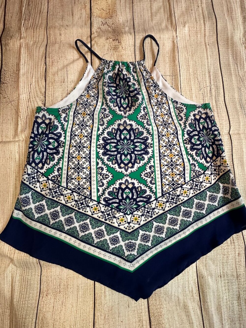 Fortune + Ivy Saira Handkerchief Blouse Green Navy Scarf Print Size Small - Picture 3 of 3